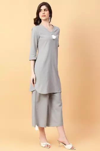 grey cotton khatha & hand work co-ord set (set of 2)