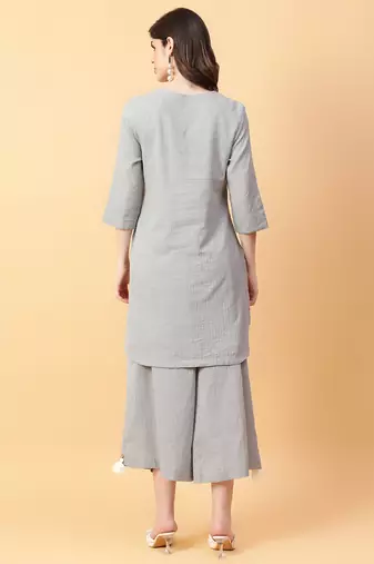 grey cotton khatha & hand work co-ord set (set of 2)