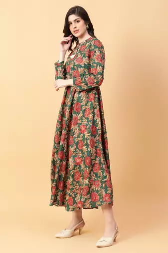 green cotton printed & hand work dress