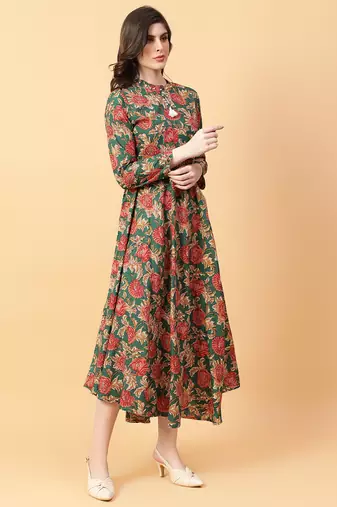 green cotton printed & hand work dress