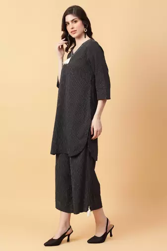 black cotton printed & hand work co-ord set (set of 2)