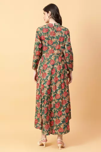 green cotton printed & hand work dress