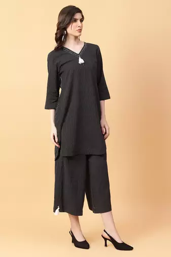 black cotton printed & hand work co-ord set (set of 2)