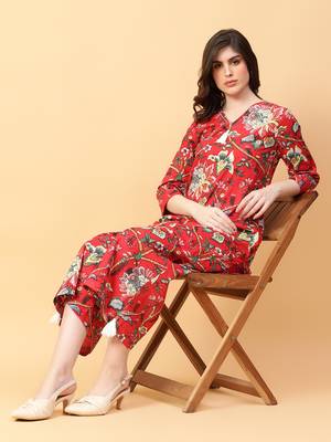 red cotton printed & hand work co-ord set (set of 2) 1
