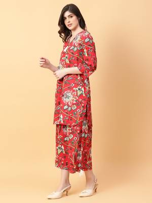 red cotton printed & hand work co-ord set (set of 2) 2