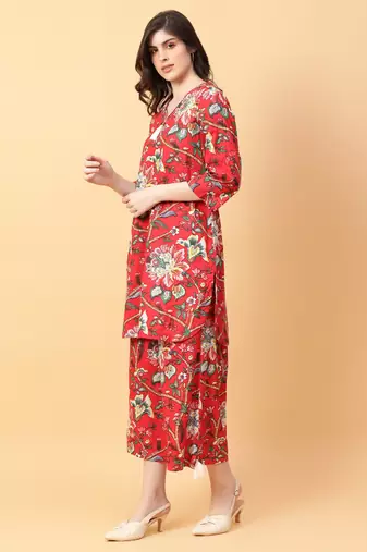 red cotton printed & hand work co-ord set (set of 2)