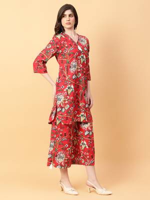 red cotton printed & hand work co-ord set (set of 2) 3