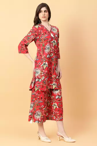 red cotton printed & hand work co-ord set (set of 2)