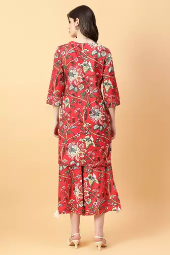 red cotton printed & hand work co-ord set (set of 2)