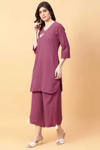 purple cotton khatha & hand work co-ord set (set of 2)