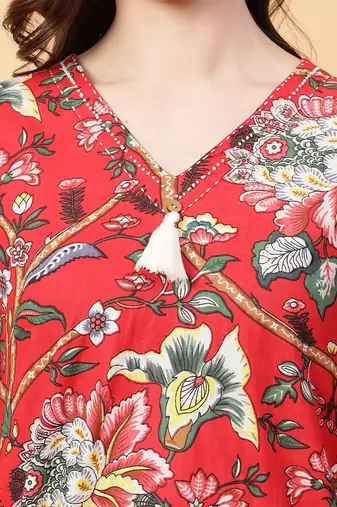 red cotton printed & hand work co-ord set (set of 2)