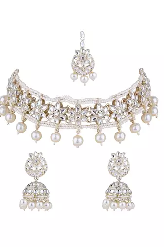 I jewels gold plated traditional kundan & pearl bridal choker necklace jewellery set