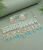 gold plated traditional kundan & pearl bridal choker necklace jewellery set 