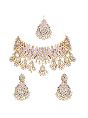 gold plated traditional meenakari kundan & pearl choker necklace jewellery set for women  2