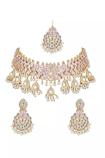 gold plated traditional meenakari kundan & pearl choker necklace jewellery set for women 