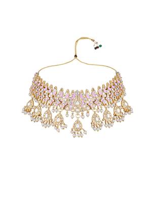 gold plated traditional meenakari kundan & pearl choker necklace jewellery set for women  3