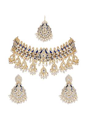 gold plated traditional meenakari kundan & pearl choker necklace jewellery set for women  2