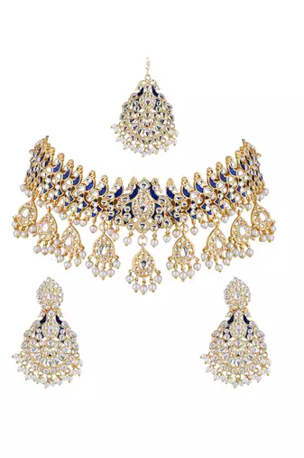 gold plated traditional meenakari kundan & pearl choker necklace jewellery set for women 