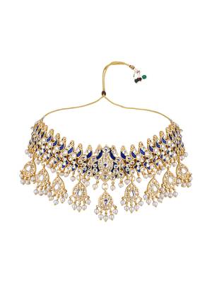 gold plated traditional meenakari kundan & pearl choker necklace jewellery set for women  3