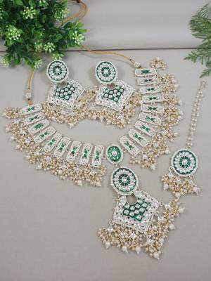 I jewels gold plated traditional kundan & pearl meenakari necklace with earrings & maang tikka set for women  1