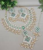 I jewels gold plated traditional kundan & pearl meenakari necklace with earrings & maang tikka set for women