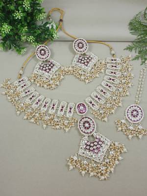 gold plated traditional kundan & pearl meenakari necklace with earrings & maang tikka set for women  1