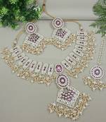 gold plated traditional kundan & pearl meenakari necklace with earrings & maang tikka set for women