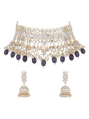 gold plated traditional kundan & pearl bridal choker necklace jewelleryset 2