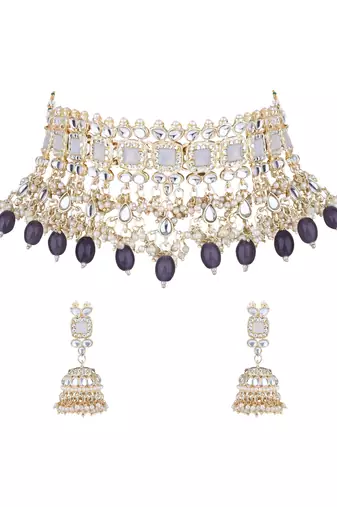 gold plated traditional kundan & pearl bridal choker necklace jewelleryset