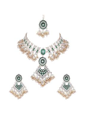 I jewels gold plated traditional kundan & pearl meenakari necklace with earrings & maang tikka set for women  2