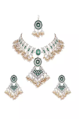 I jewels gold plated traditional kundan & pearl meenakari necklace with earrings & maang tikka set for women 