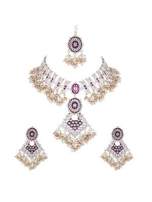 gold plated traditional kundan & pearl meenakari necklace with earrings & maang tikka set for women  2