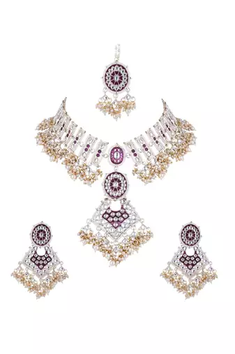 gold plated traditional kundan & pearl meenakari necklace with earrings & maang tikka set for women 