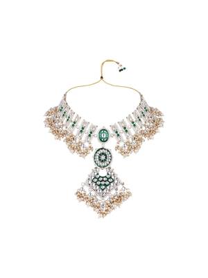 I jewels gold plated traditional kundan & pearl meenakari necklace with earrings & maang tikka set for women  3
