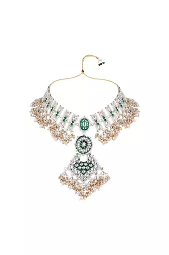 I jewels gold plated traditional kundan & pearl meenakari necklace with earrings & maang tikka set for women 