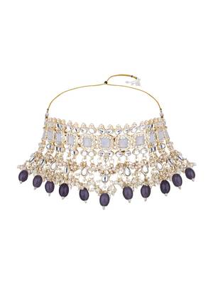 gold plated traditional kundan & pearl bridal choker necklace jewelleryset 3