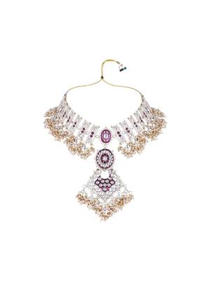 gold plated traditional kundan & pearl meenakari necklace with earrings & maang tikka set for women  3