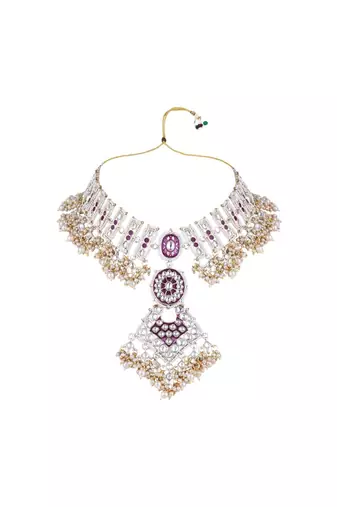 gold plated traditional kundan & pearl meenakari necklace with earrings & maang tikka set for women 