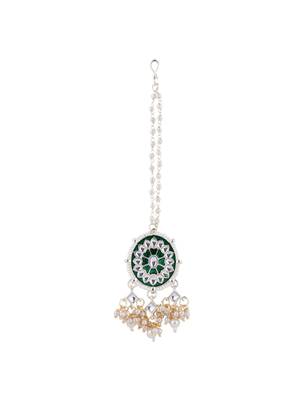 I jewels gold plated traditional kundan & pearl meenakari necklace with earrings & maang tikka set for women  5