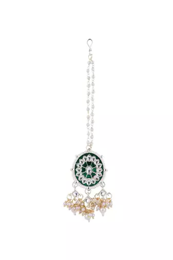 I jewels gold plated traditional kundan & pearl meenakari necklace with earrings & maang tikka set for women 
