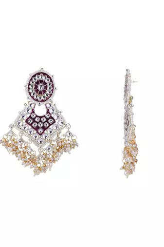gold plated traditional kundan & pearl meenakari necklace with earrings & maang tikka set for women 