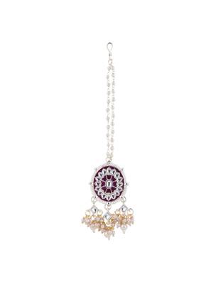 gold plated traditional kundan & pearl meenakari necklace with earrings & maang tikka set for women  5