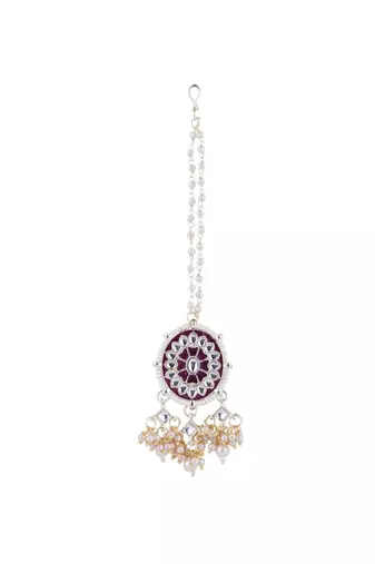 gold plated traditional kundan & pearl meenakari necklace with earrings & maang tikka set for women 