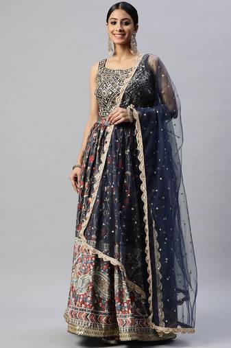 Exquisite Blue Digital Printed Chinon Silk Party Wear Lehenga Choli