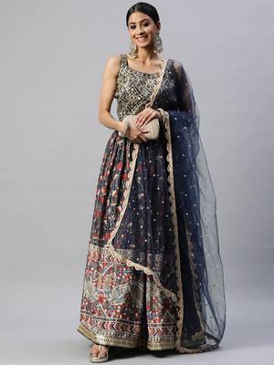 exquisite blue digital printed chinon silk party lehenga set choli with dupatta 3