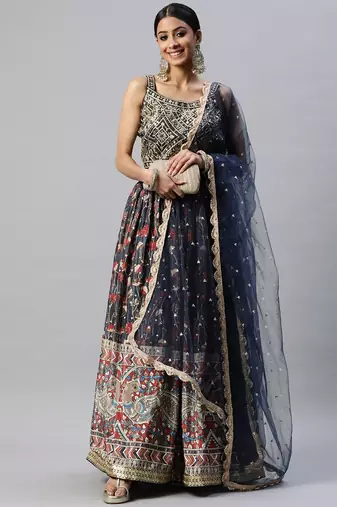 exquisite blue digital printed chinon silk party lehenga set choli with dupatta