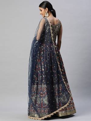 exquisite blue digital printed chinon silk party lehenga set choli with dupatta 5