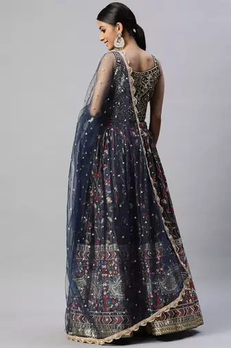 exquisite blue digital printed chinon silk party lehenga set choli with dupatta