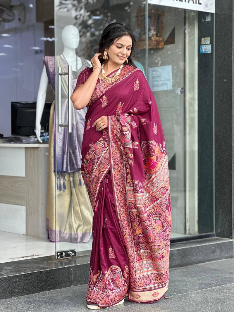Maroon Color Soft Pashmina Silk Blend Saree