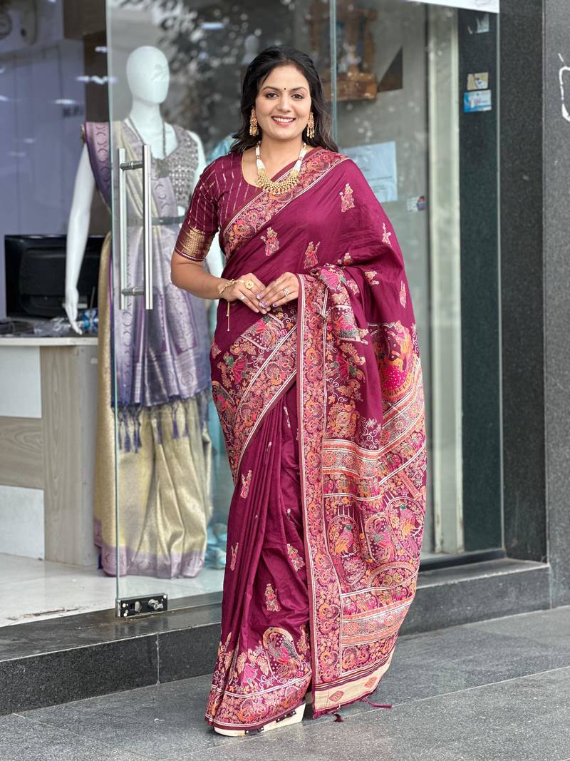 Maroon Color Soft Pashmina Silk Blend Saree